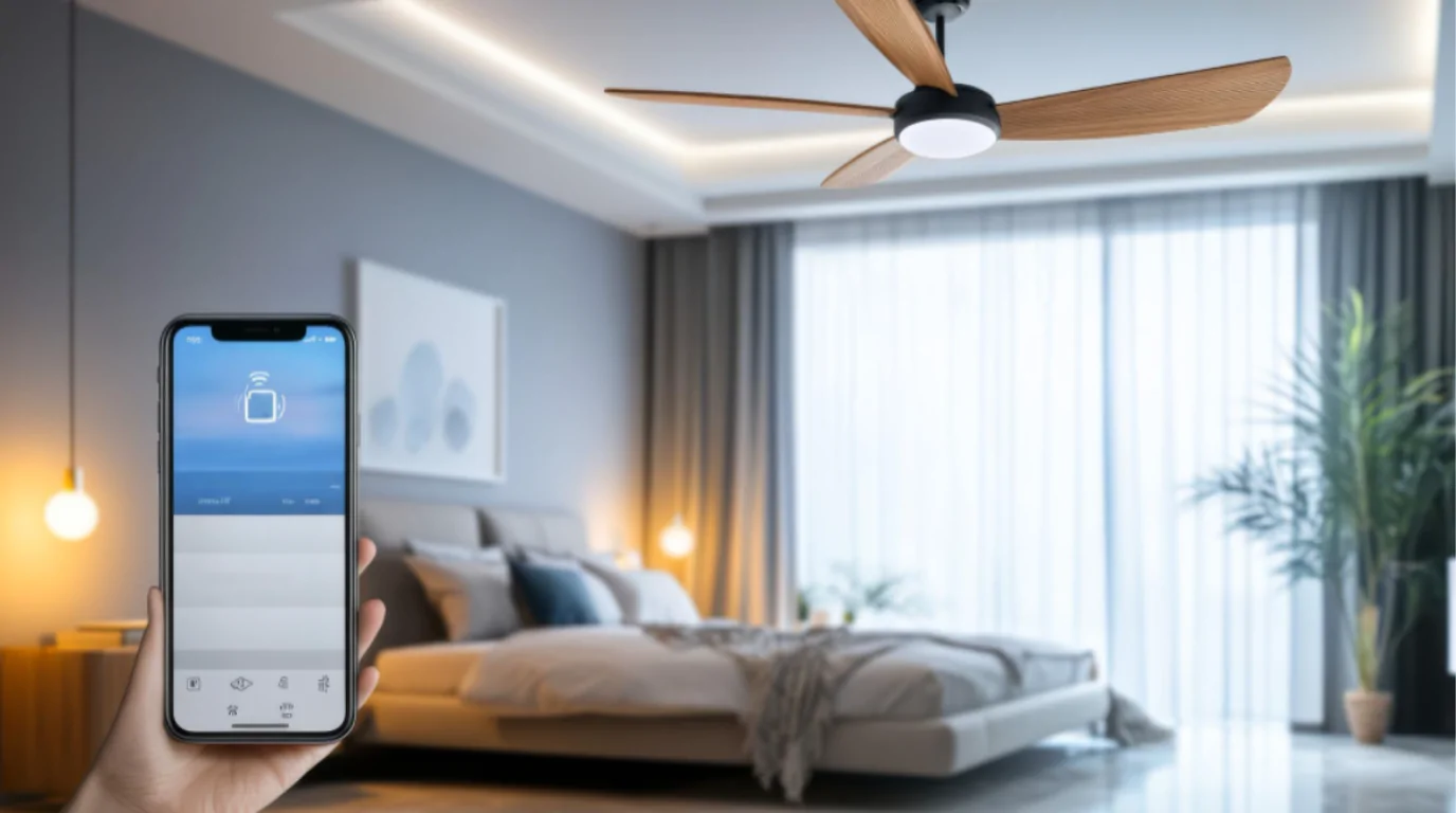 smart-ceiling-fan-singapore.jpg Smart ceiling fan with smartphone app control displayed, installed in a modern Singapore living room