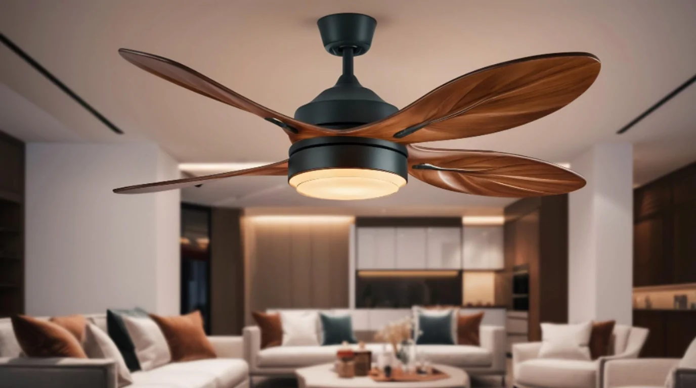 designer-ceiling-fan-singapore.jpg Designer ceiling fan with wood-look blades and integrated LED light in a modern Singapore living room