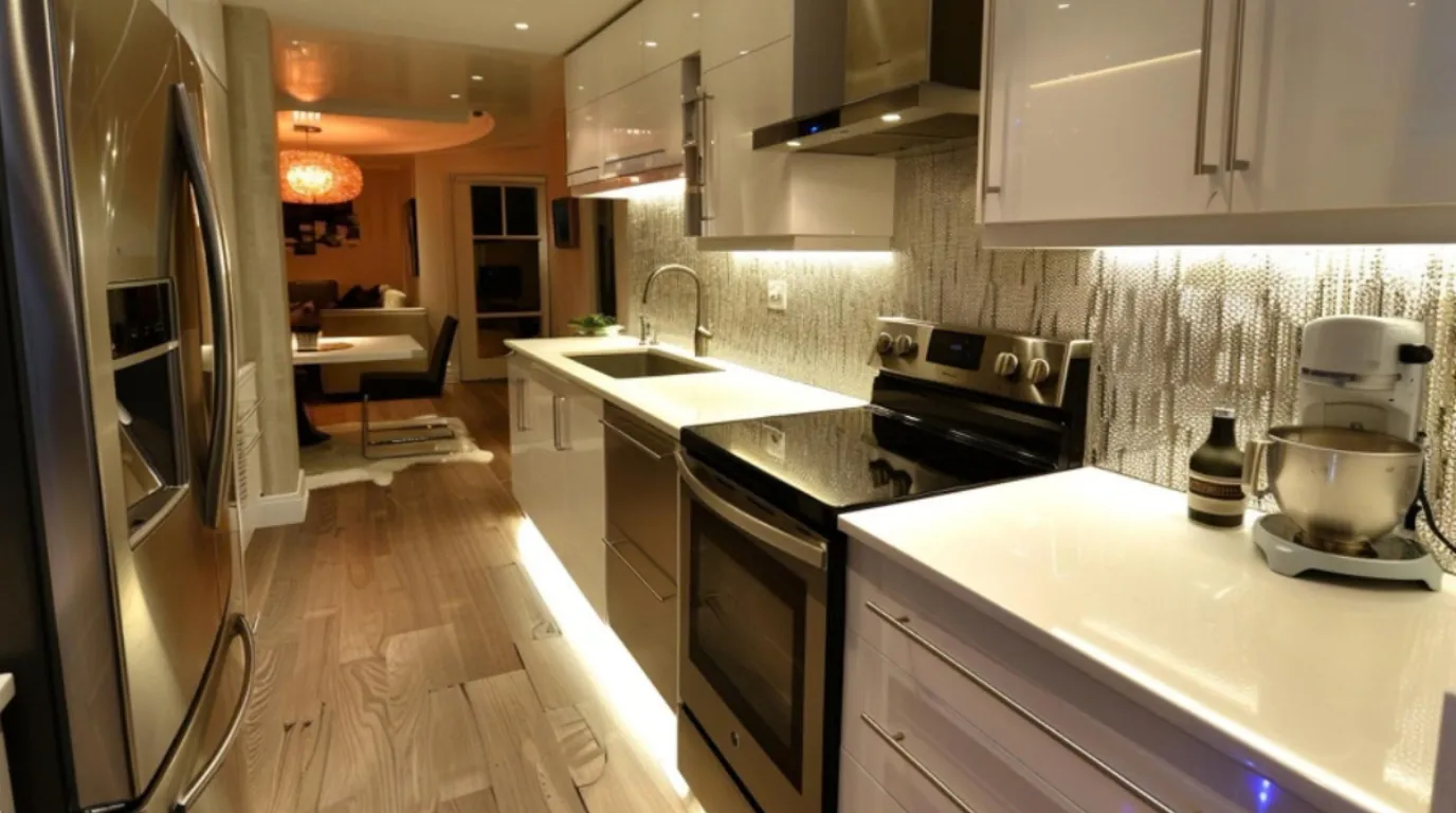 kitchen-lighting-singapore-layering-guide.jpg Layered kitchen lighting with under-cabinet LED strips and ceiling downlights in a Singapore HDB kitchen