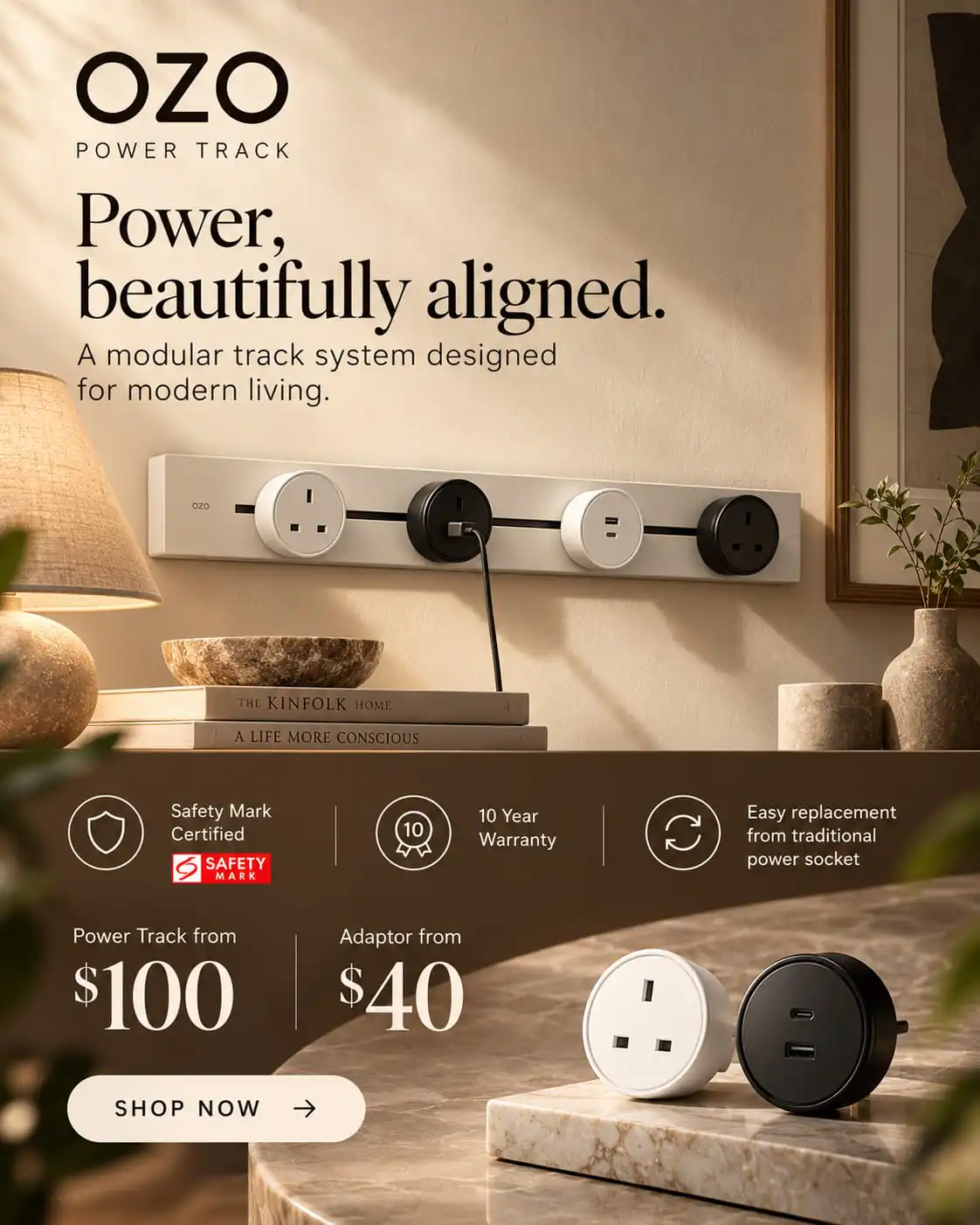OZO Power Track modular power socket system - power track from $100, adaptors from $40