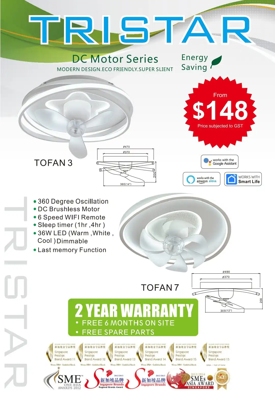 Tristar DC Motor Series ceiling fans with LED light - Tofan 3 and Tofan 7 from $148